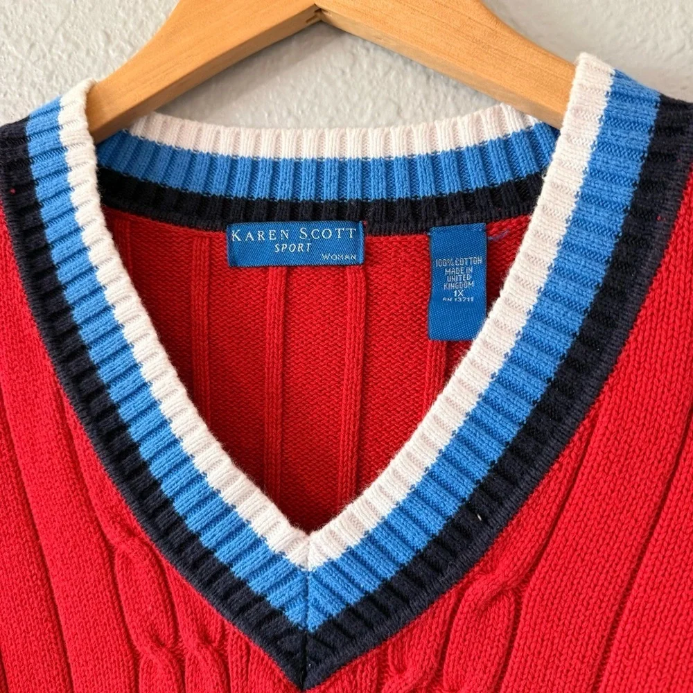 Vintage Karen Scott Sport Red Cotton Cable Knit V-Neck Sweater Women's Size 1X